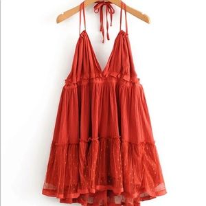 Red Open Back Layered Halter Dress